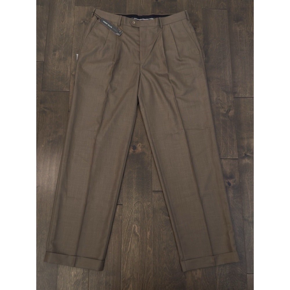 NWT Perry Ellis America Mens Brown Pleated Dress Pants Size 38X34 Cuffed Slacks
